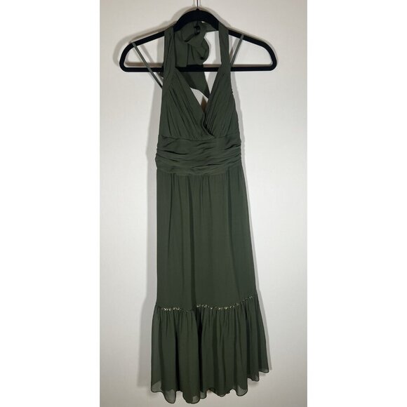 Vintage Y2K BCBGMaxAzria army green halter silk empire waist dress boho 10 beads - Picture 1 of 10